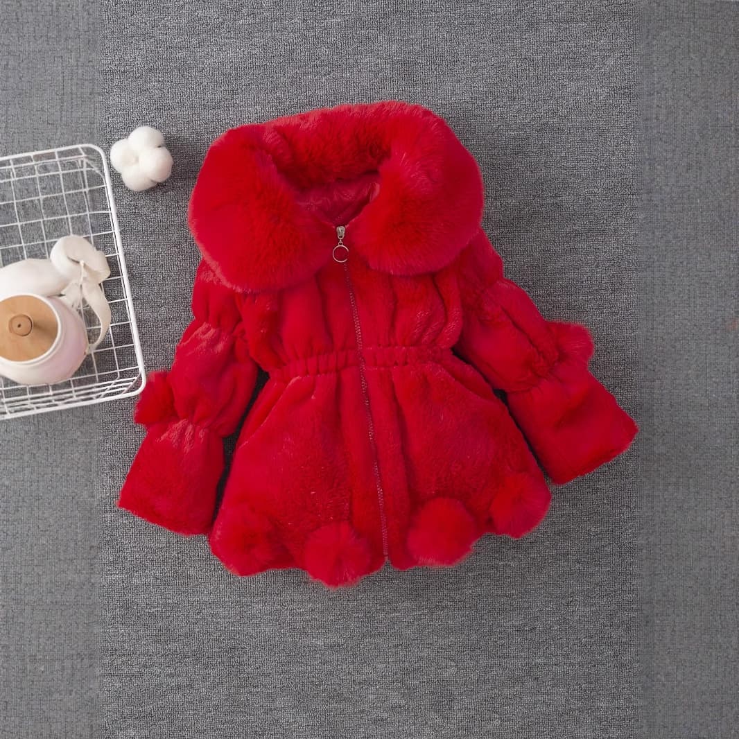 New Export Style Girls Thick Jacket Children's Faux Fur Solid Coat Toddler Girls Big Fur Collar Overcoat