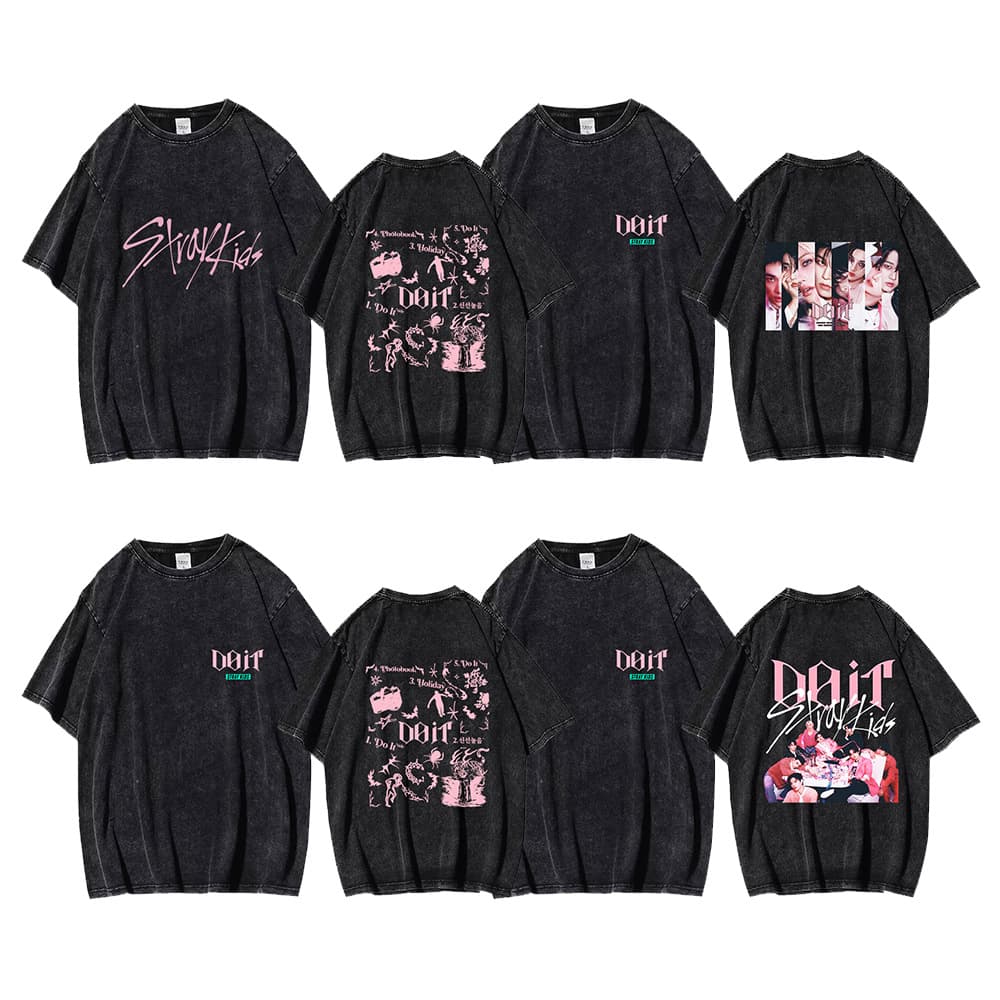 K-POP Boy Group Stray Kids Washed Distressed T-Shirt SKZ New Album DOIT Merchandise Fan Short Sleeve Women Cross-border