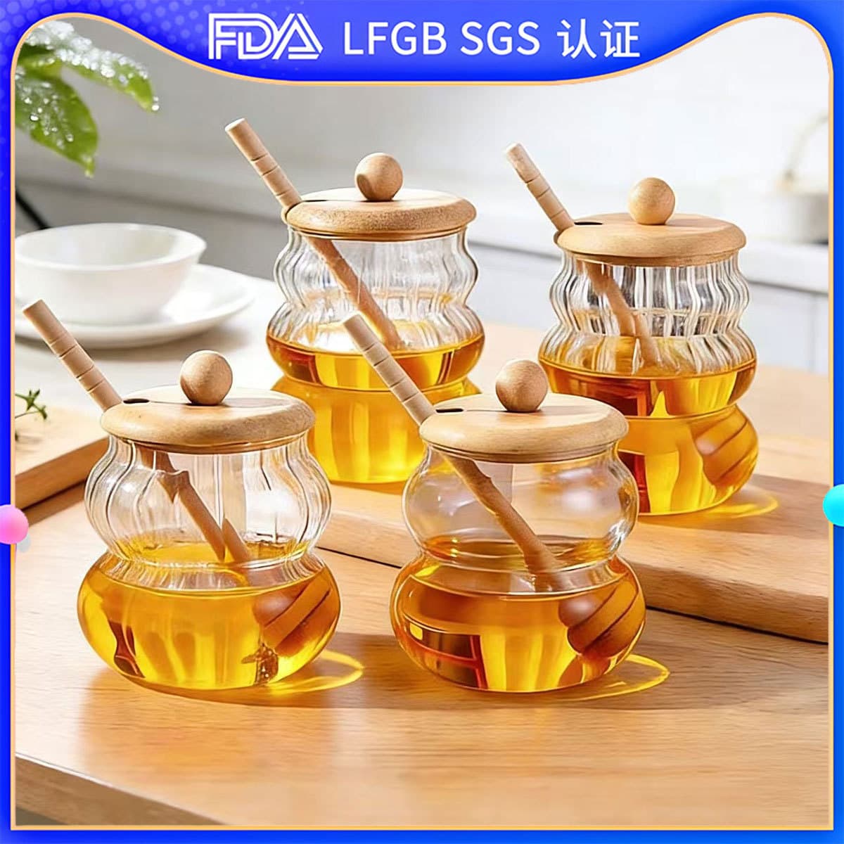 High Borosilicate Glass Sealed Jar with Bamboo Wood Lid and Stirring Rod, Transparent Honey Jar, High-Quality Home Storage