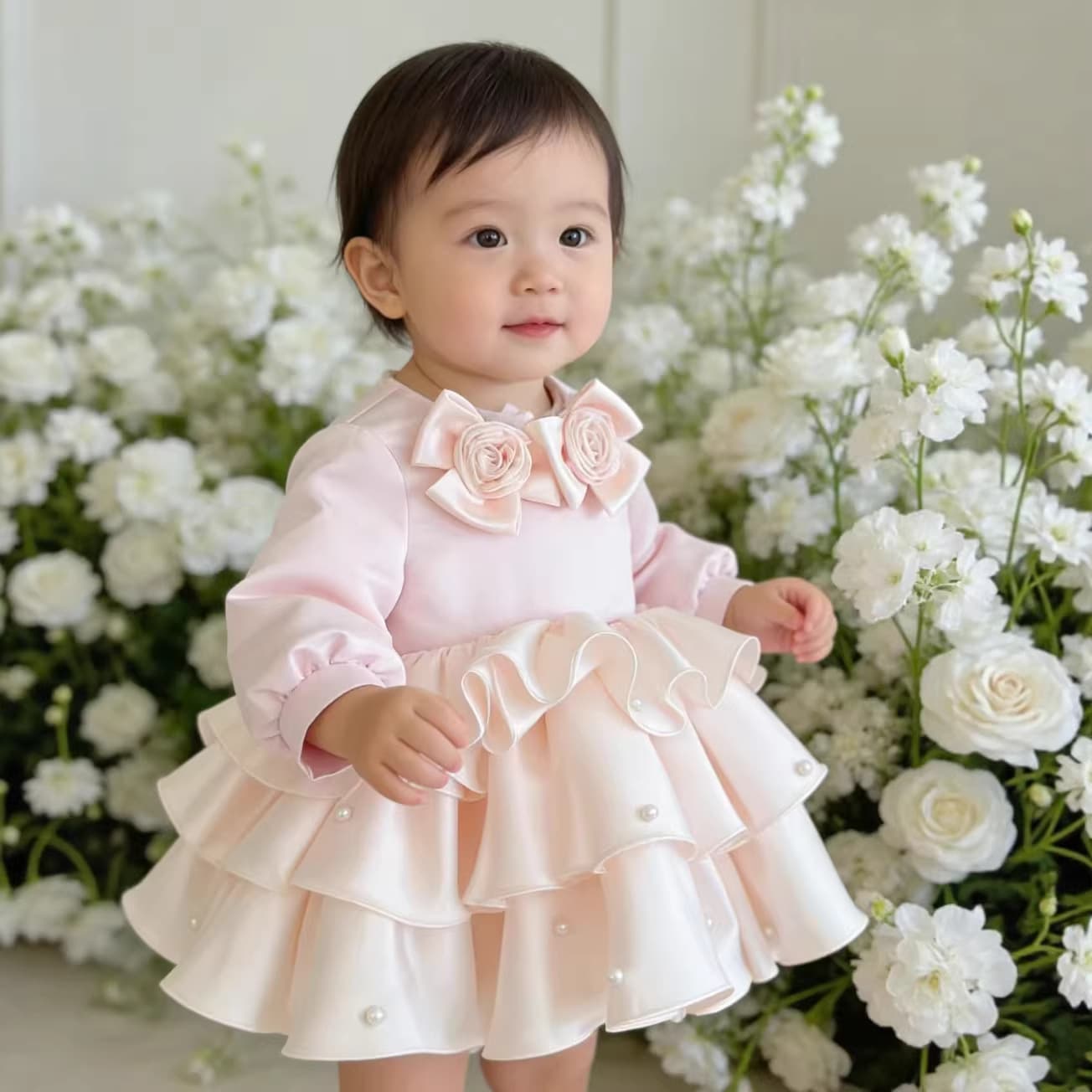 Girls Pink Rose Princess Dress Baby First Birthday Multi-Layer Satin Gown Infant Birthday Party Dress