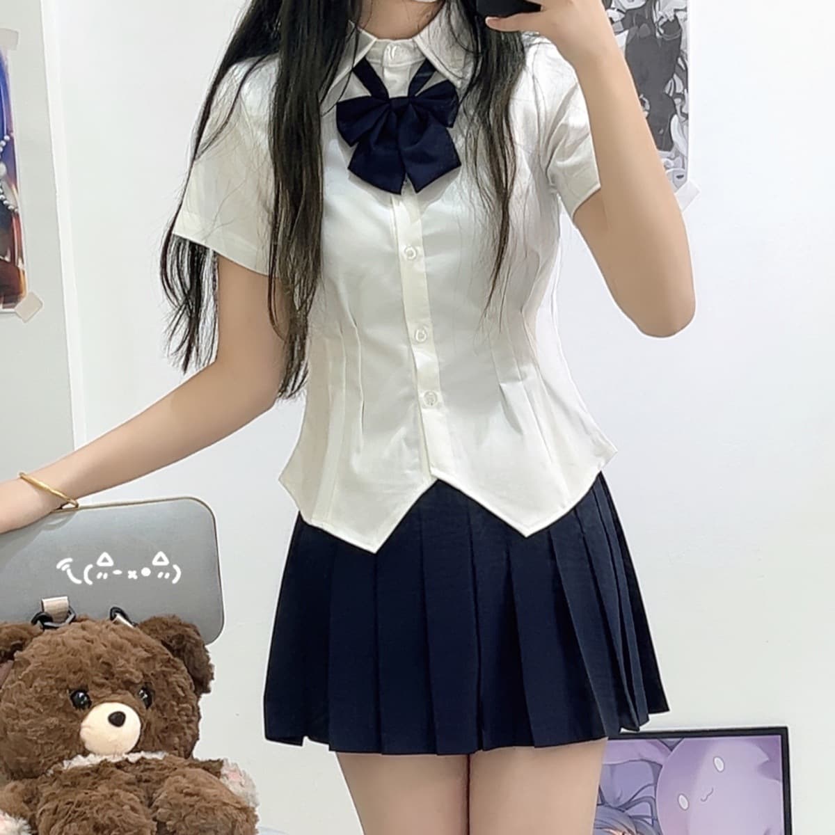 Original JK Uniform Waist-Cinching Sweet and Spicy College Wind Short Sleeve Shirt, Solid Color Slim Fit Versatile Cute and Sexy Style