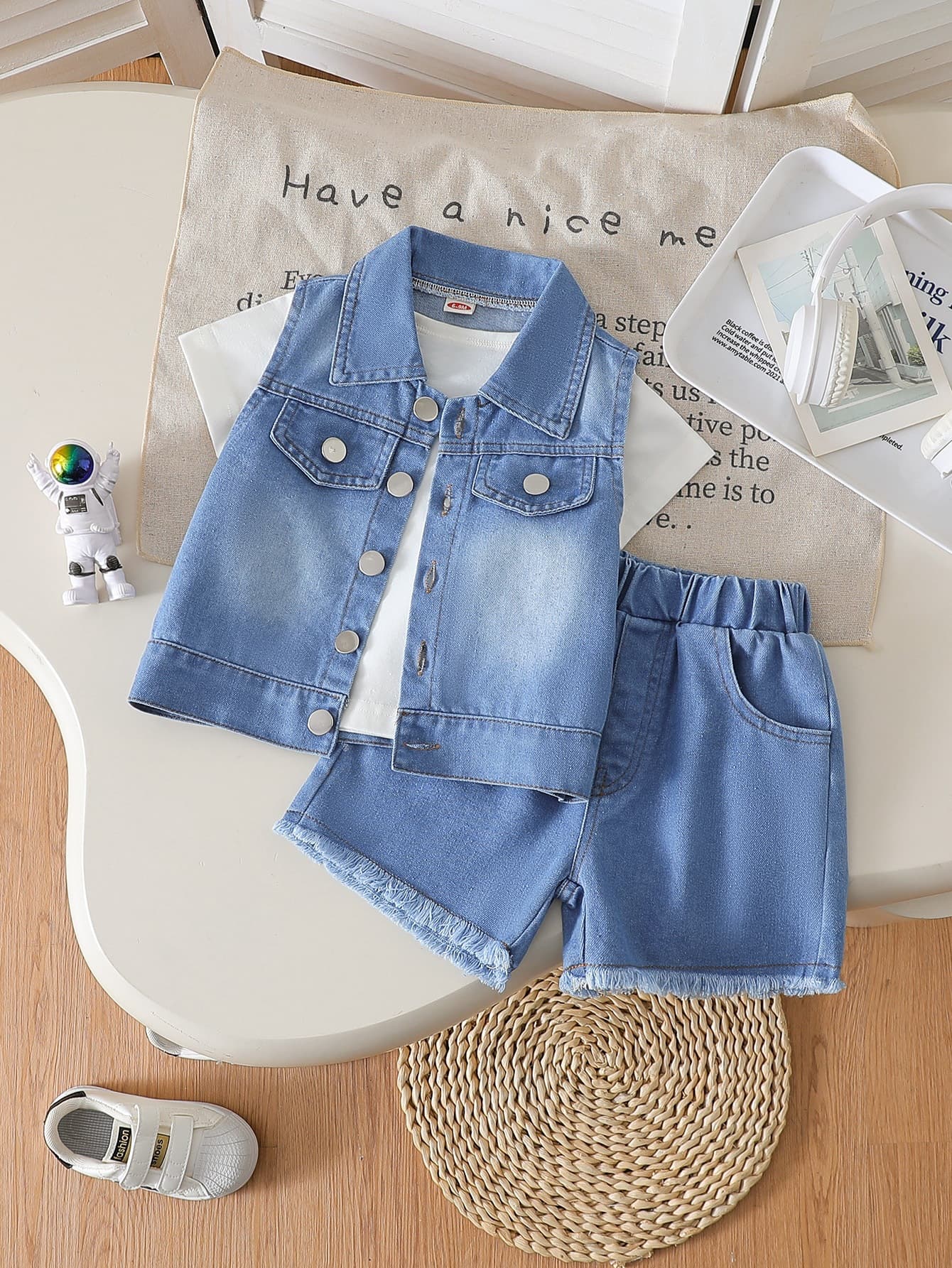 2026 New Boys Denim Vest + Denim Shorts Set with Crew Neck T-Shirt, 3-Piece Outfit