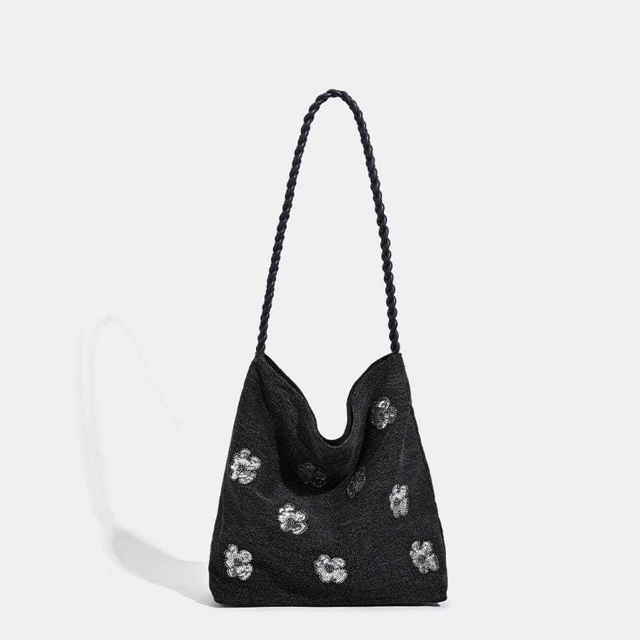 2026 New Tote Bag Denim Bag Black Simple Sequins Decoration Braided Shoulder Bag Fashion Women's Bag Tote Bag
