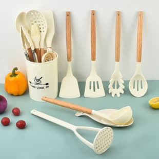 Wooden Handle Silicone Kitchen Utensils 15-Piece Set, Non-Stick Cooking Spoon and Spatula Set with Potato Masher, Spoon and Spatula Kit for Home Use