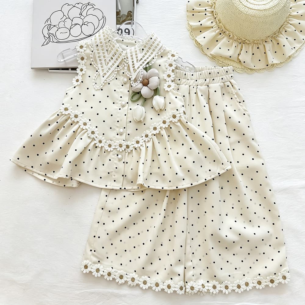 Girls hollow point collar polka dot sleeveless babydoll suit summer bow flower polka dot wide leg pants two-piece set