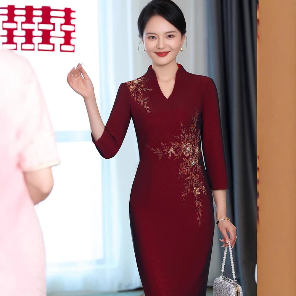 Dropshipping Guangzhou Brand Middle-Aged and Elderly Women's Dress Plus Size Wedding Banquet Formal Dress Elegant Mother of the Bride and Groom Attire