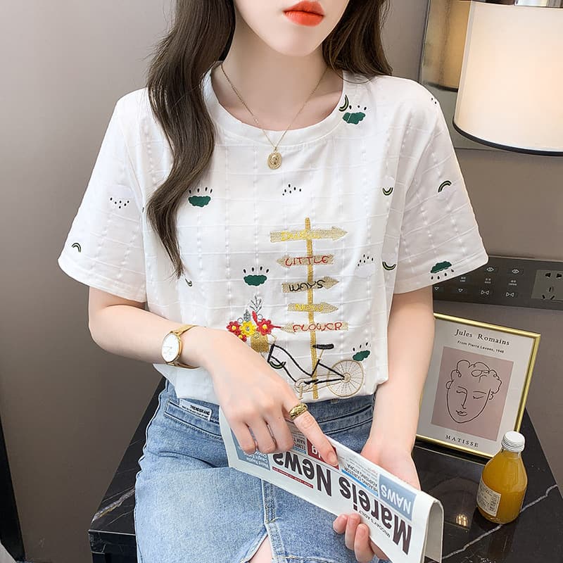 Cotton Embroidered Short-Sleeved Shirt for Women 2026 Summer New Korean Style Loose Slimming Casual Half-Sleeved T-Shirt Top Trendy