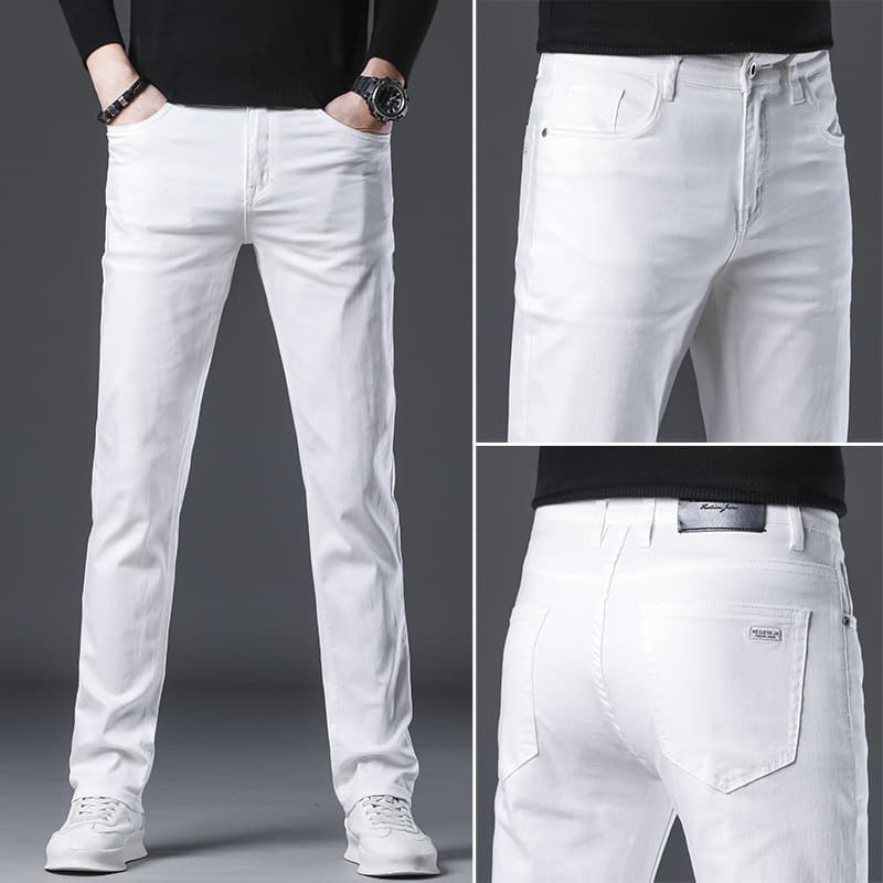 Haoku Men's Clothing - Spring and Autumn Regular Simple Men's Slim-Fit Pure White Jeans Stretch Denim Pants Straight