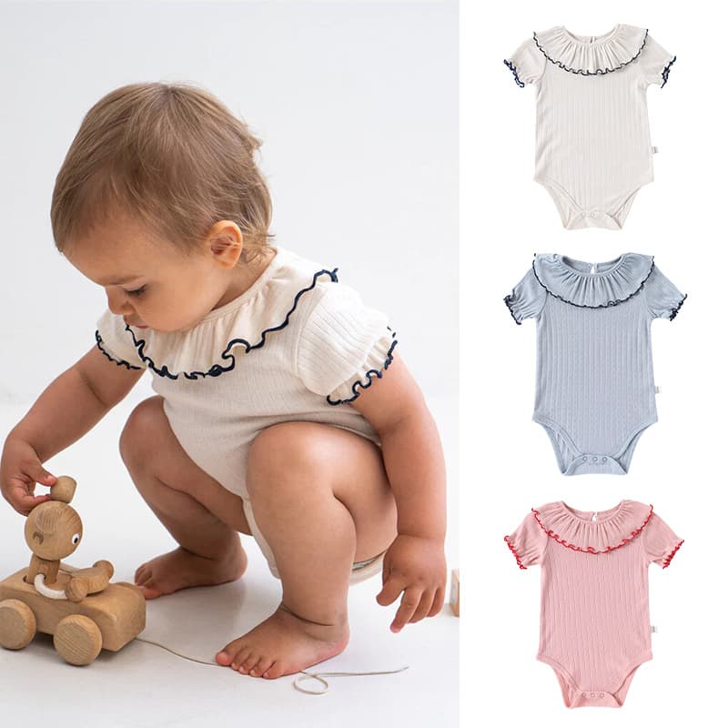 Baby Girl Lotus Leaf Collar Bodysuit Newborn 0-3 Months Wrap Romper Lace Trim Summer Cotton Triangle Crawler