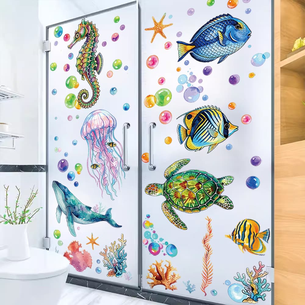 Cross-Border Cartoon Ocean World Stickers Wholesale, Living Room, Bathroom, Children's Room Decoration, Self-Adhesive Wall Stickers Wholesale and Customization