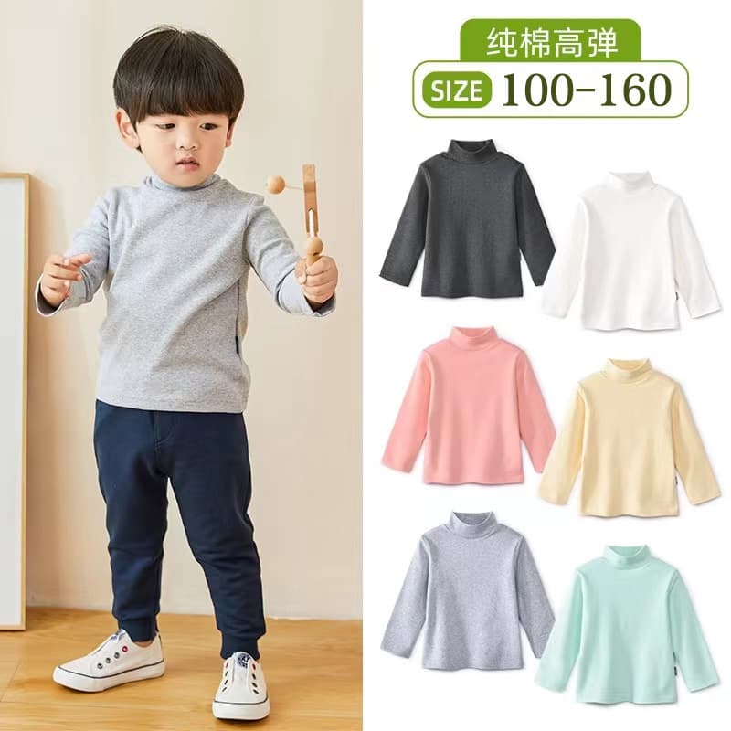 Spring/Autumn Children's Mock Neck Undershirt, Winter Baby Half High Neck Base Layer, Pure Cotton Stretch Long Sleeve Top
