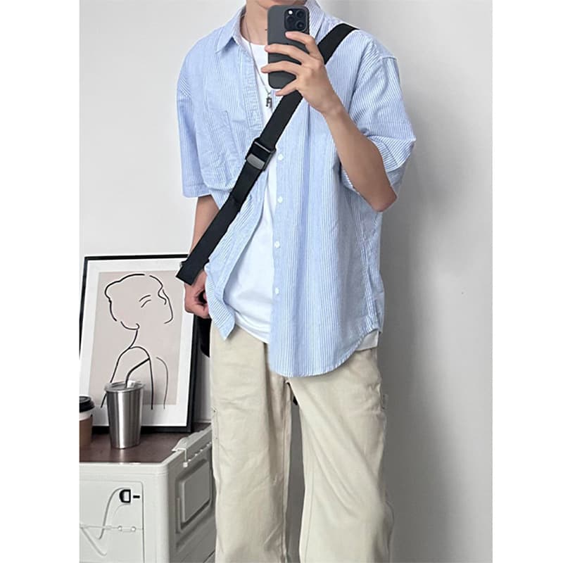 Japanese Retro Blue Striped Shirt for Men Summer Fashion Trend City Boy Short Sleeve Youthful Oxford Fabric Shirt