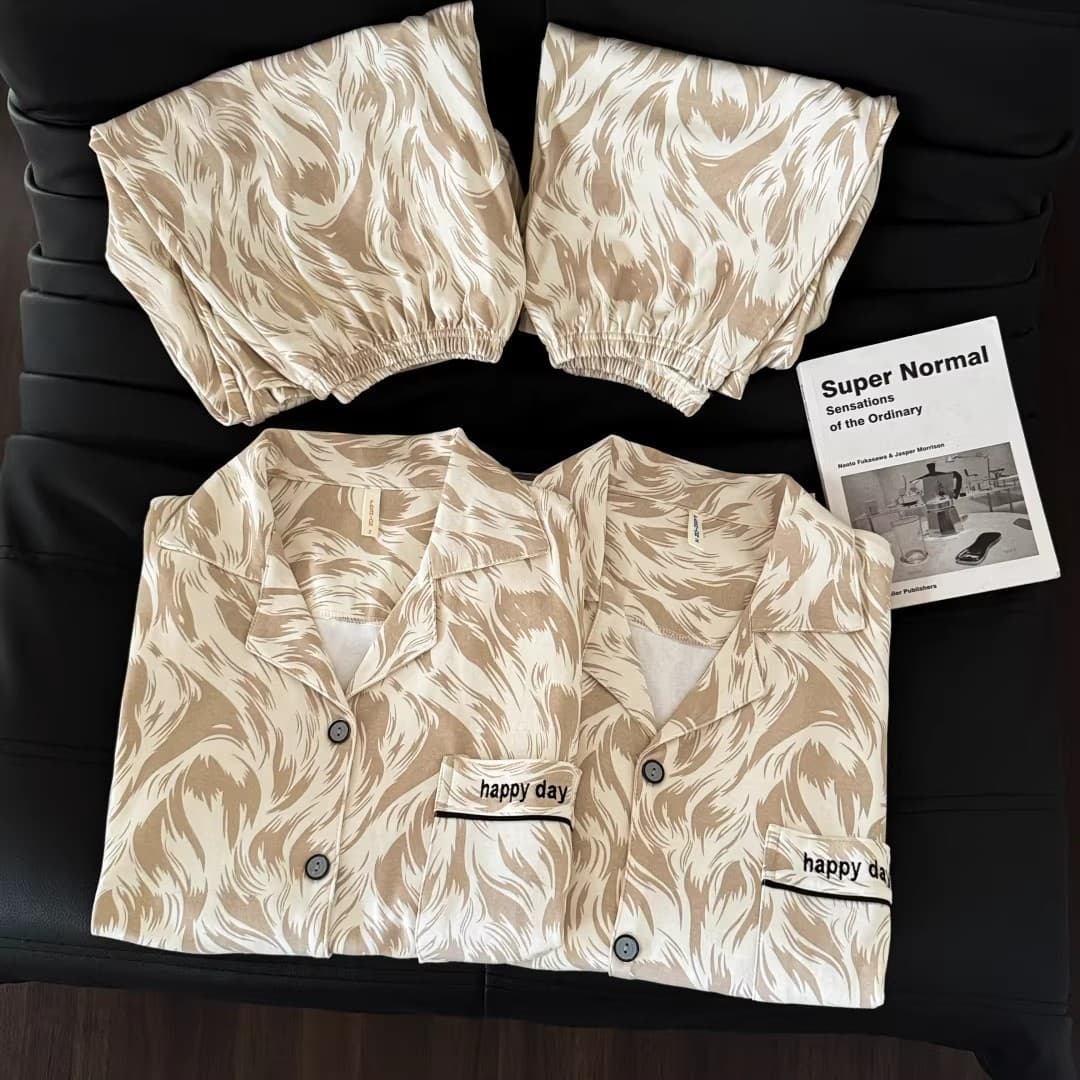 Ins Long-Sleeve Couples Loungewear Premium Flowing Feather Pattern Pure Cotton Spring/Autumn Men's Plus Size Pajama Set Women