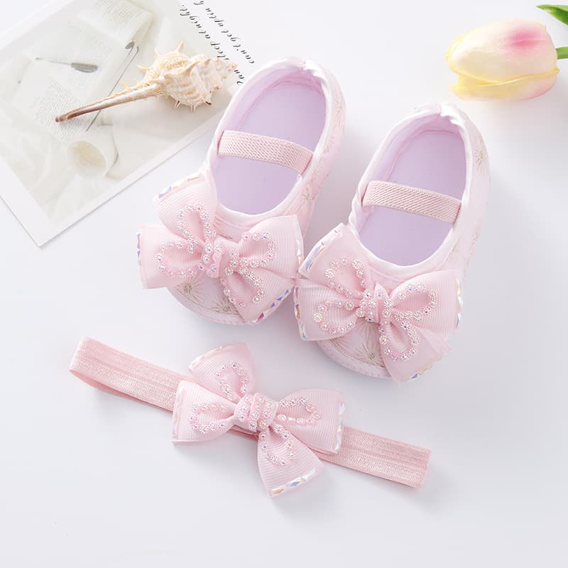 New Baby Shoes and Headband Set 0-1 Years Old Soft Sole Walking Shoes INS Newborn Baby Shoes Princess Shoes