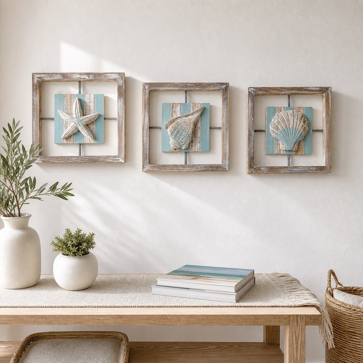 American country style marine style wooden frame hanging decoration 3-piece set three-dimensional shell wall decoration dining room living room B&B soft decoration technology