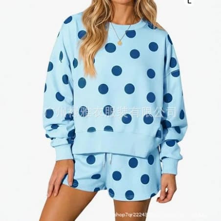 Women's Lounge Set for Fall, Polka Dot Pattern, Ribbed Long Sleeve, Crew Neck, Comfortable, 3/4-Length Pants, Two-Piece Set