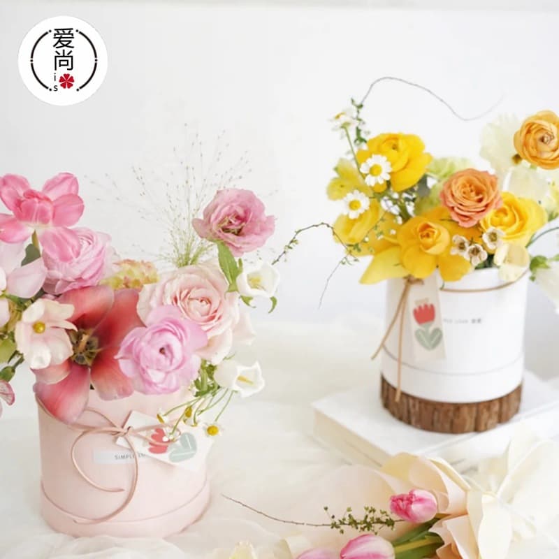 New Small Flower Box Round Mini Bow Hug Bucket Fresh Flower Arrangement Bucket Korean Style Paper Box Gift Box
