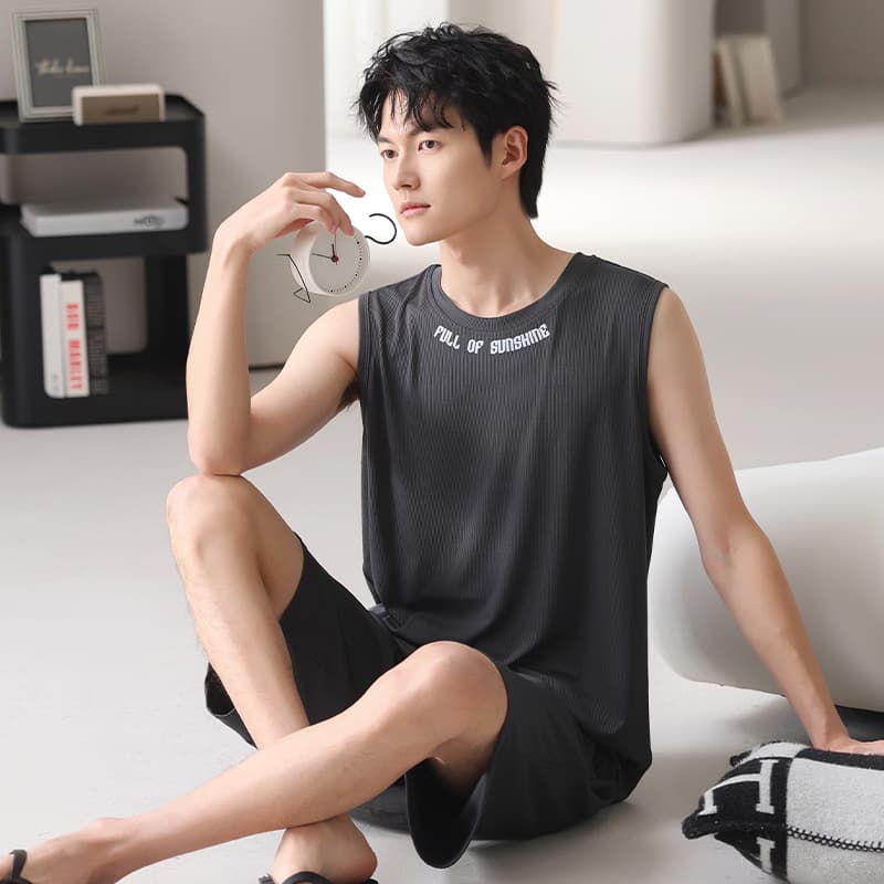 Zhuo Jia Men's Summer Ice Silk Thin Sleeveless Home Clothes Set Comfortable Breathable Round Neck Short Pants for Youth