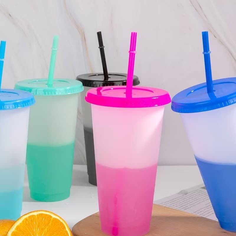 Cross-border New PP Water Cup with Temperature-sensitive Color Change, Large Capacity Straw Cup, PP Plastic Cup Wholesale with Custom Logo