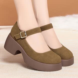 Birkenstock Shoes 2026 New Flat Shoes Women Spring Flat Shoes Women Thick Sole Women's Shoes Round Toe High Heel Genuine Leather Women's Shoes