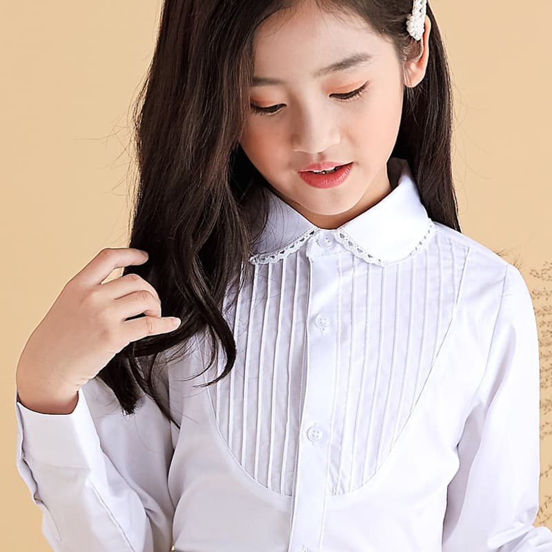 Girls White Cotton Long Sleeve Shirt for Elementary and Middle School Students, Campus Performance and Uniform Style
