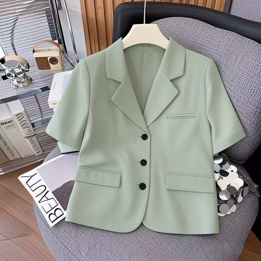 2026 green short-sleeved small suit jacket for women thin casual slim temperament commuter suit top cross-border ready stock