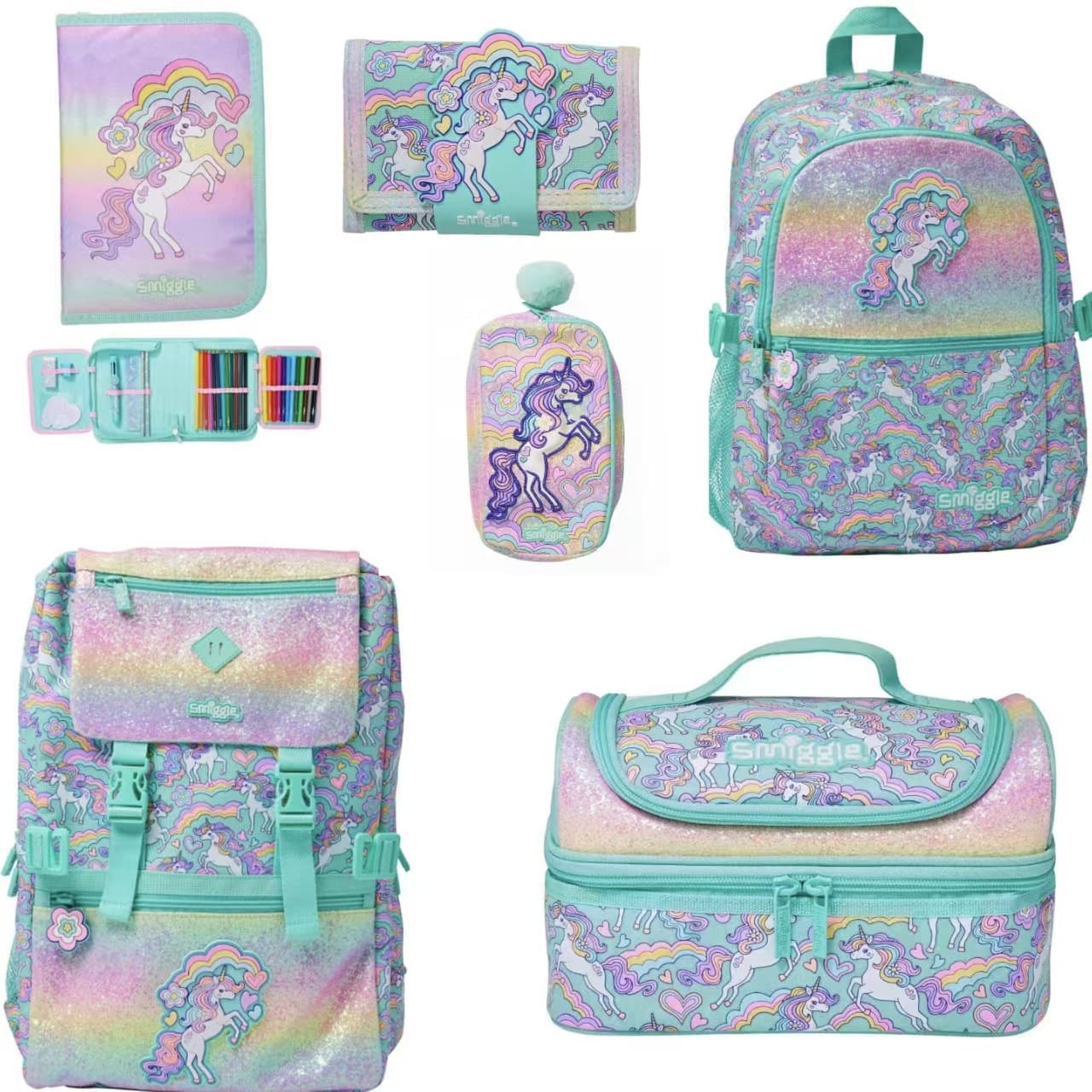 Australia Smiggle Backpack Large Capacity School Bag for Kids Primary Students Casual Bag Curly Unicorn Set Series