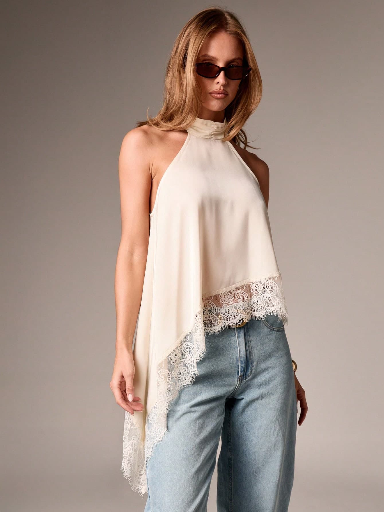 New Sexy Halter Neck Lace Irregular Hem Top, Backless Solid Color Slimming Versatile Camisole