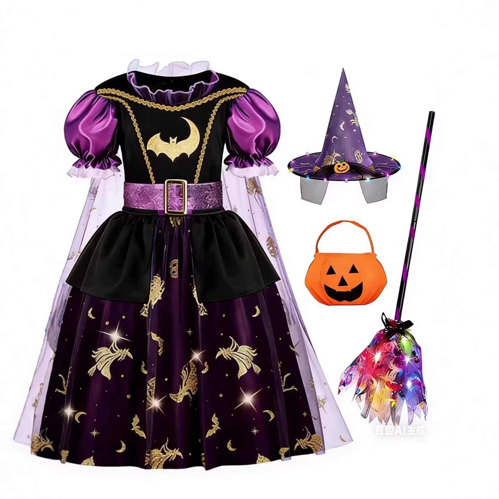 European and American Children's Halloween Costume Little Witch Performance Outfit Halloween Witch Broom Decoration Cosplay Costume