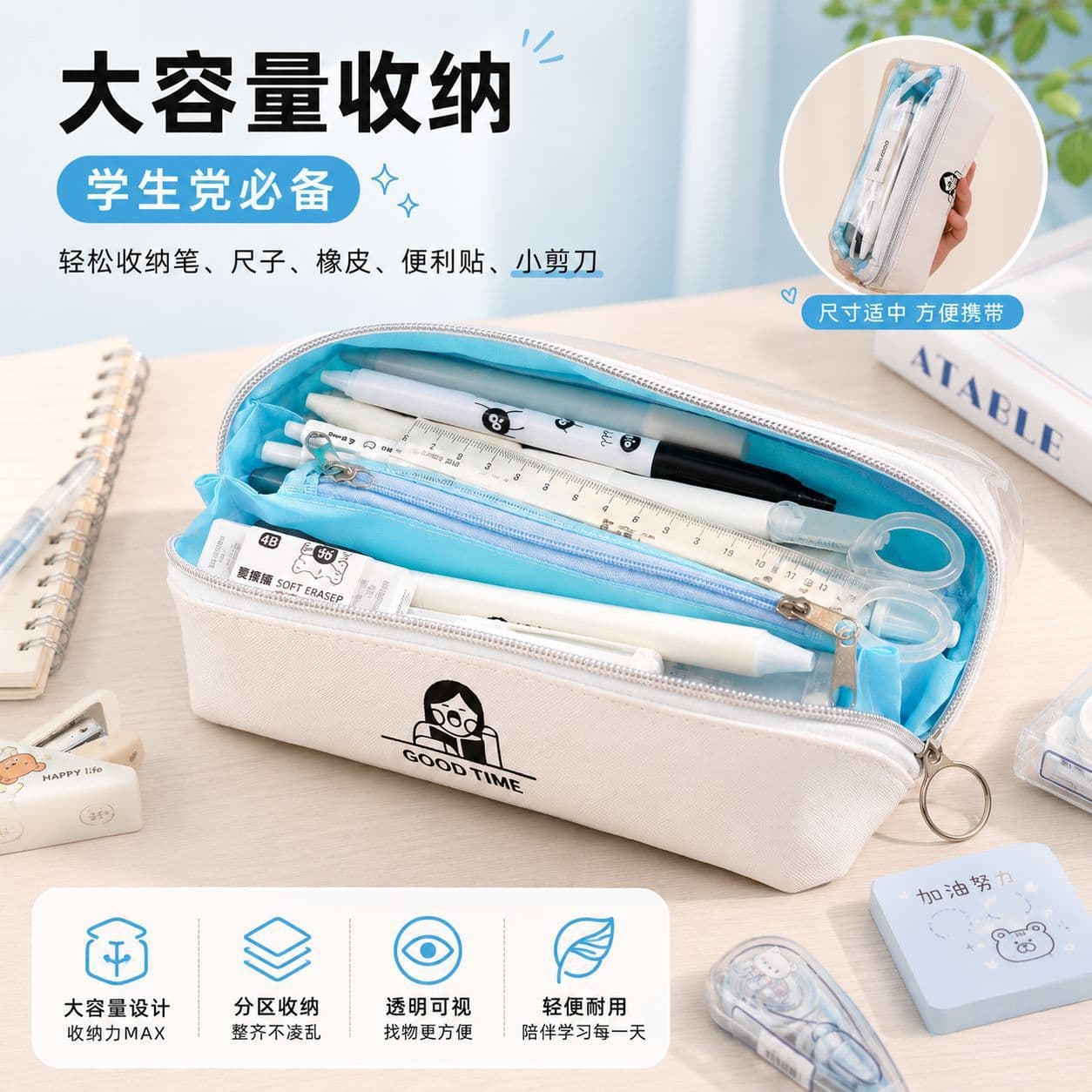Transparent Visible Canvas Pencil Case, Large Capacity Cartoon Stationery Bag, Japanese Simple Style Storage Pouch for Middle and High School Students