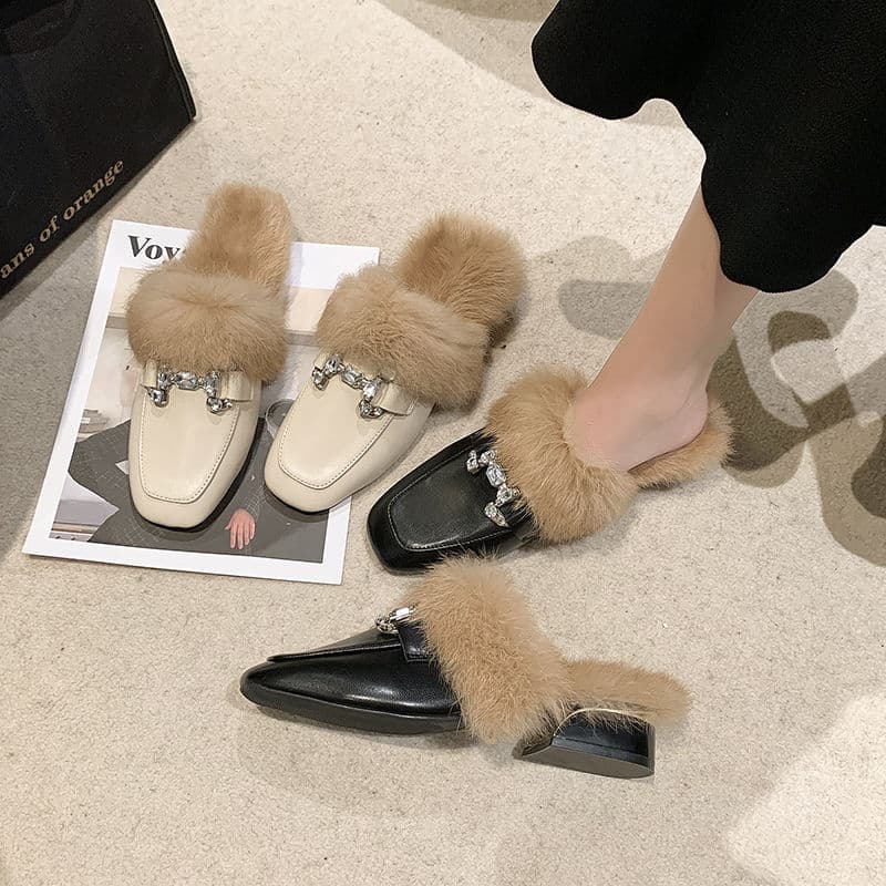 Xiaoxiangfeng Baotou furry slippers 2025 autumn and winter new style plus velvet anti-slip temperament single shoes thick heel half support women's shoes