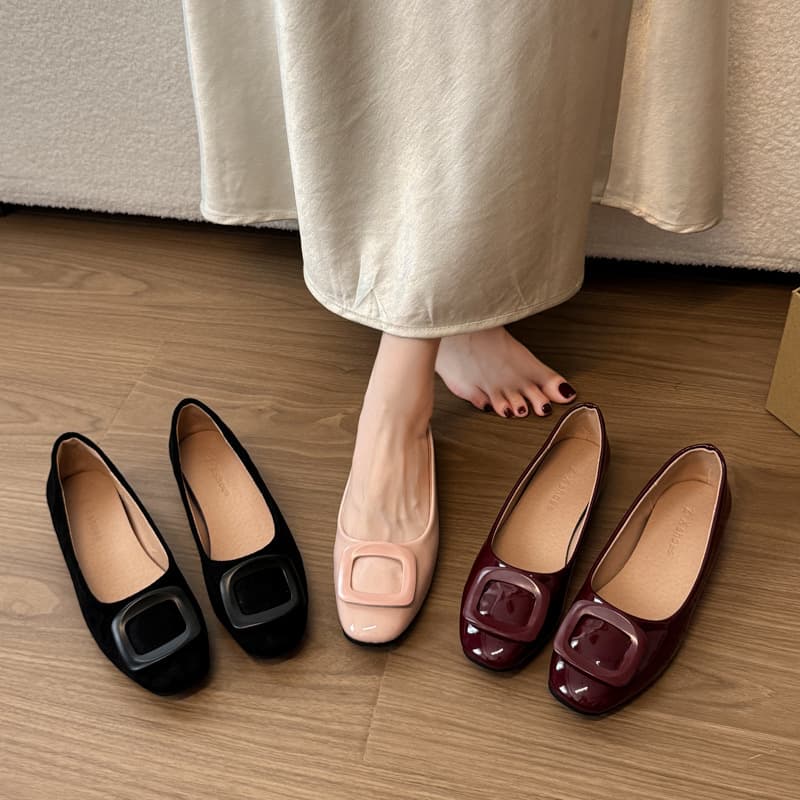 Nude Flat Shoes Women 2026 New Summer French Square Buckle Leather Shoes for Dresses Inner Height Commuter Shoes Simple Women