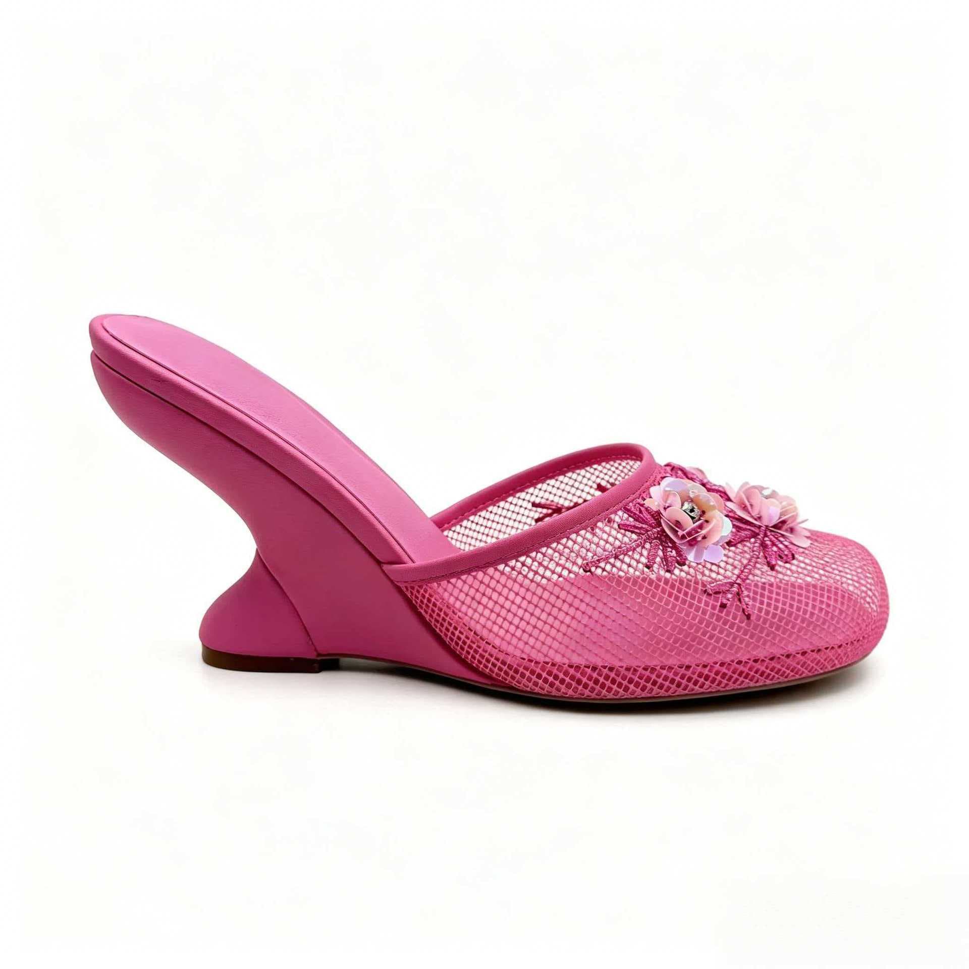 New Export Cross-Border Mesh Toe-Covered Wedge Sandals for Women, Embroidered with Beads and Sequins Flower Design, Open-Back Women's Slippers
