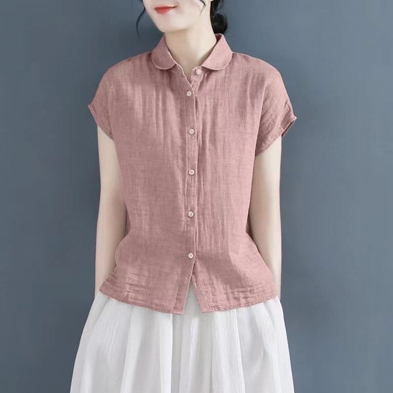 Cotton and linen shirts, women's short-sleeved tops, summer literary and casual large size temperament, solid color, versatile short-sleeved shirts