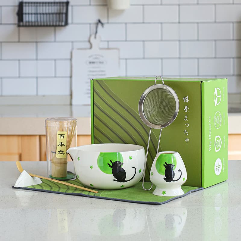 Japanese Hand-Painted Matcha Bowl Chasen Gift Set, Hand-Painted Cat Matcha Set, Hundred-Tip Ready Stock Cross-Border Drop Shipping