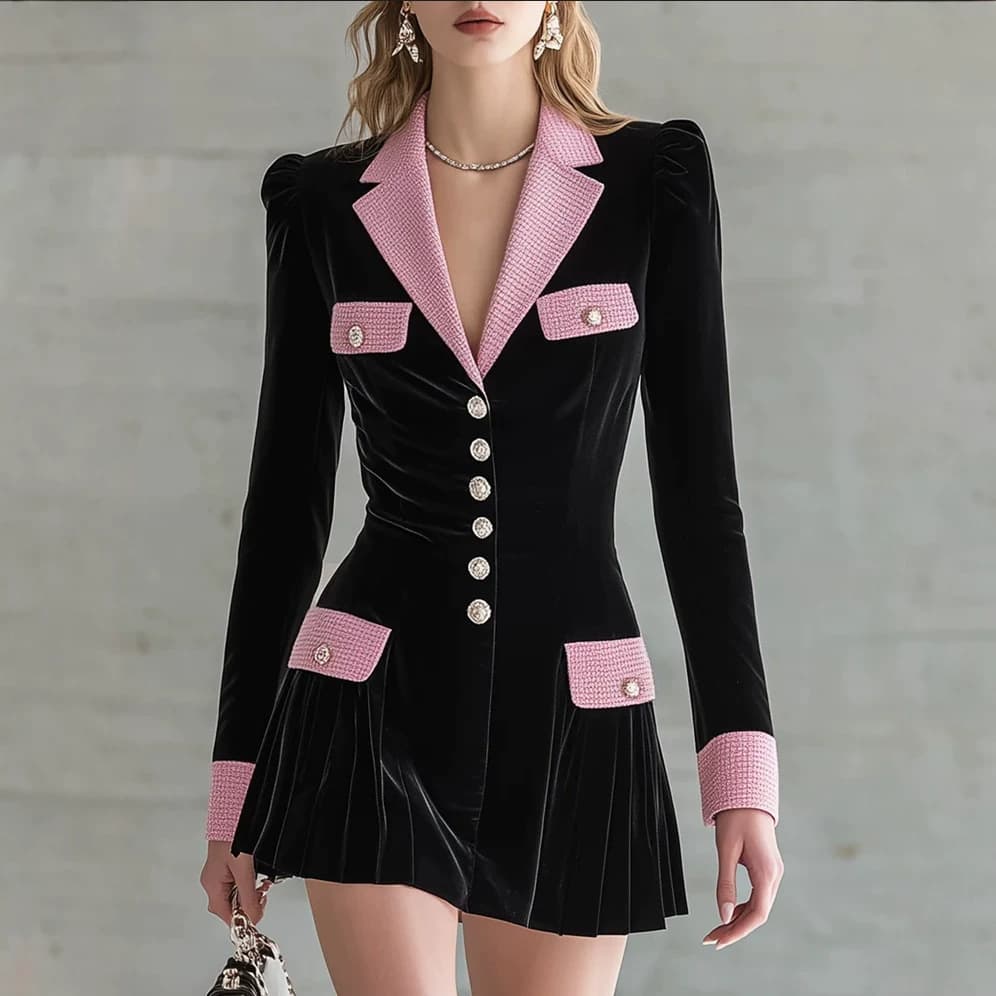 Amazon Women's Chanel-Style Black Velvet Dress with Tweed Trim, Waist-Slimming Pleated Suit Skirt