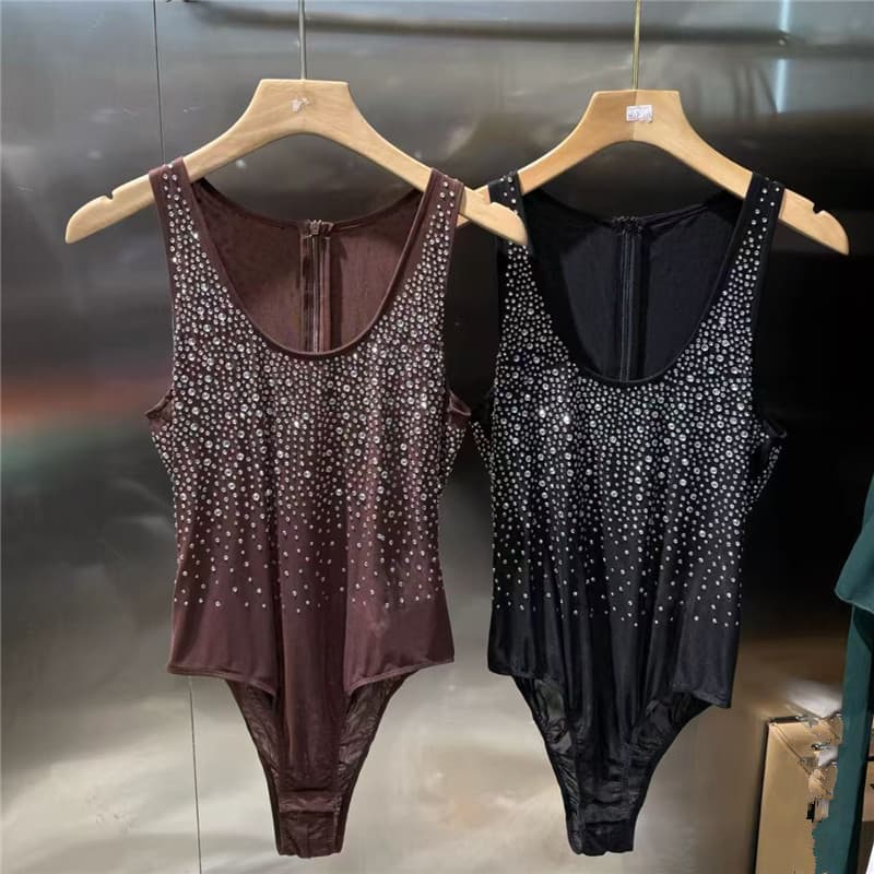 2026 Spring/Summer New Round Neck Sleeveless Rhinestone Sparkle Ins Style Bodysuit Vest Slim Fit Figure-flattering