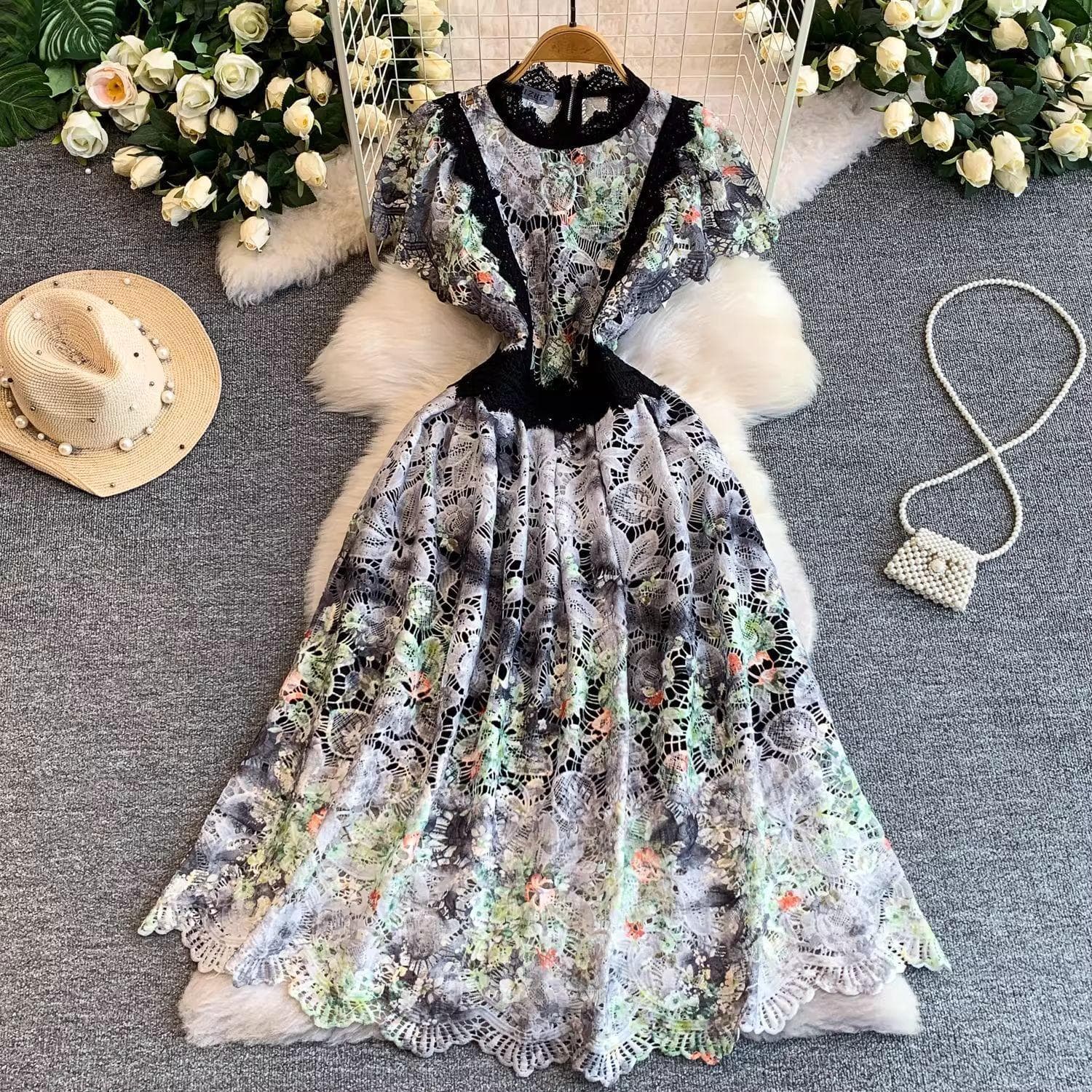 French Palace Vintage Exquisite Lace Print Ruffled Sleeve Dress for Women Premium Romantic Elegant Formal Long Gown