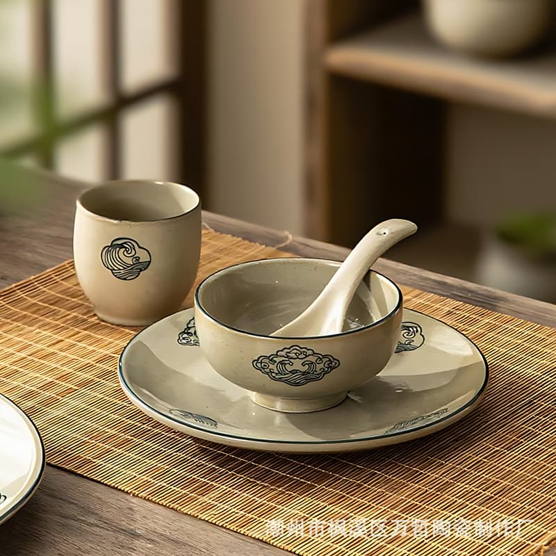 Chinese Ceramic Hotel Tableware Set 4-Piece Restaurant Vintage Bowl Plate Dish Cup Spoon Hot Pot Restaurant Commercial Dinnerware Set