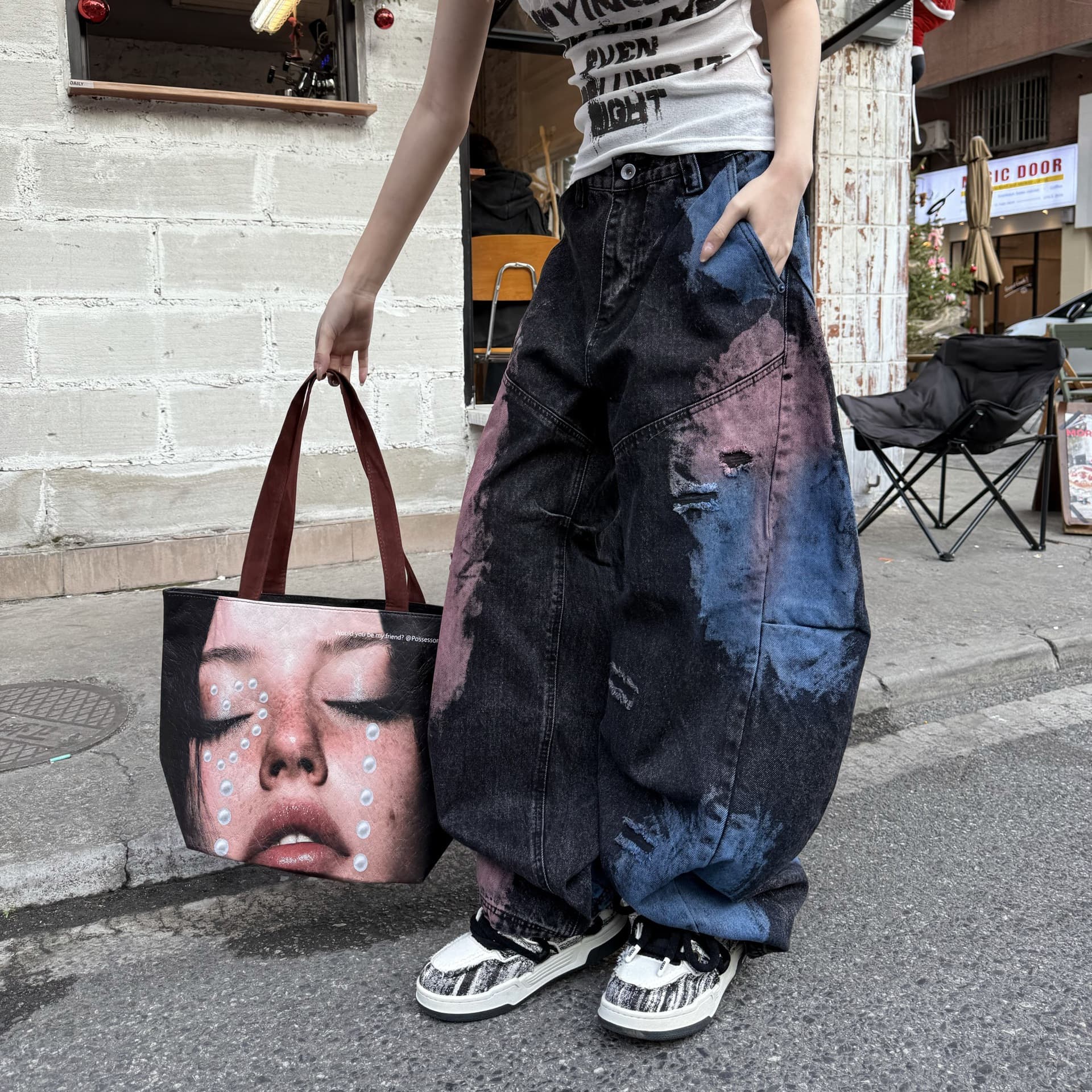Color Graffiti Men's Wide Leg Jeans Dopamine Cool Unisex Streetwear Design Sense Niche European and American Curved Knife Pants
