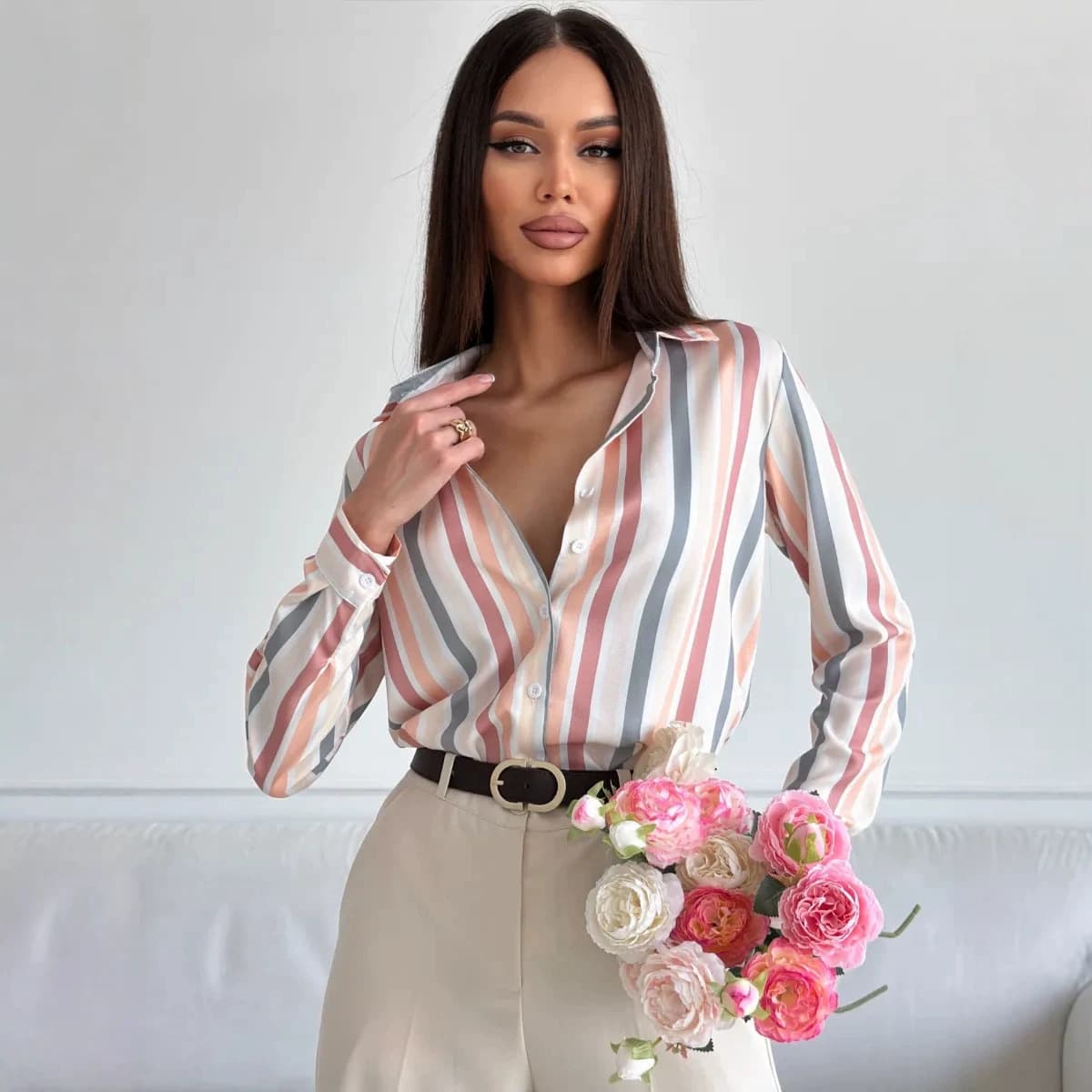 2026 Cross-Border Women's Spring/Summer/Fall Casual Striped Long-Sleeve Printed Blouse