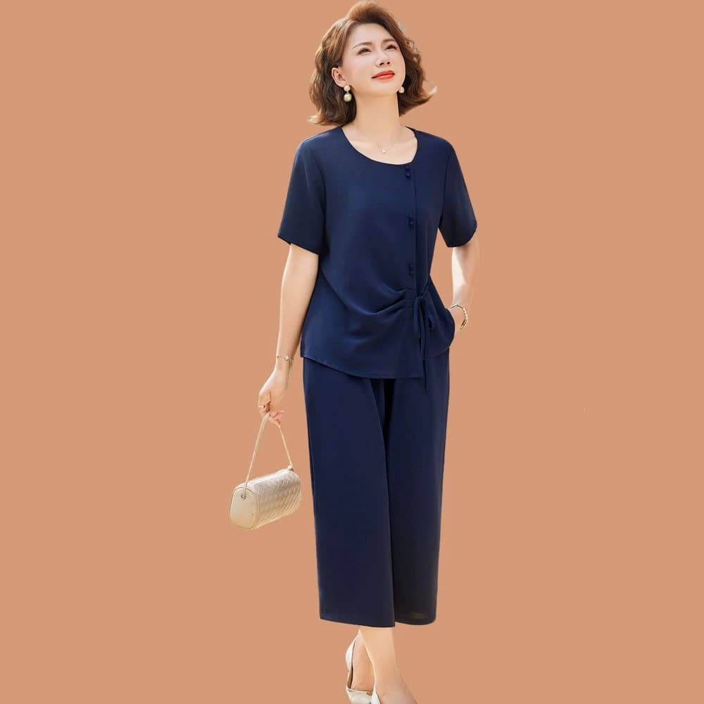 Mom's casual short-sleeved tops two-piece set middle-aged women's summer clothes new middle-aged and elderly new style suits thin section