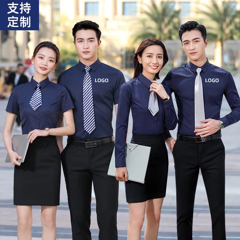 Navy blue shirt with embroidered logo and printed text, black men's and women's professional wear, short-sleeve business workwear wholesale