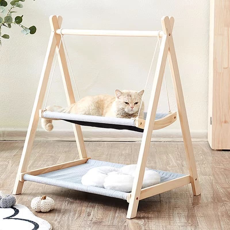 Wooden Elevated Cat Hammock Swing, All-Season Warm Pet Bed with Rocking Feature for Winter Comfort