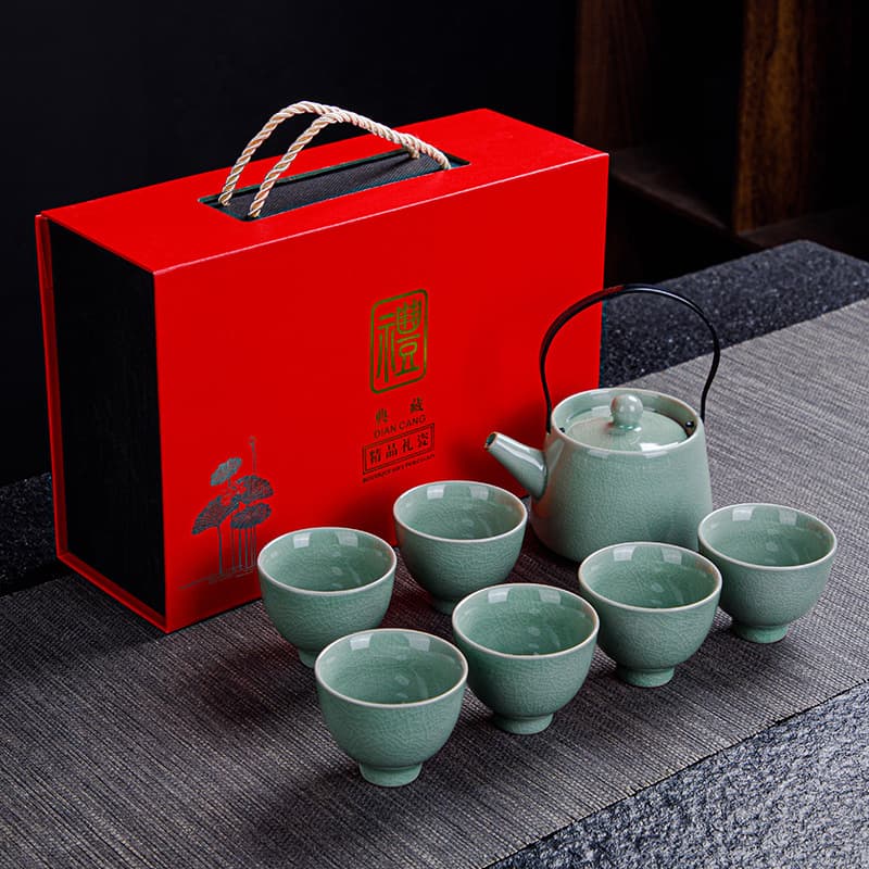 Ceramic Kung Fu Tea Set Gift Business Gift Set Ge Kiln Ru Kiln One Teapot Six Cups Gift Box Set Logo