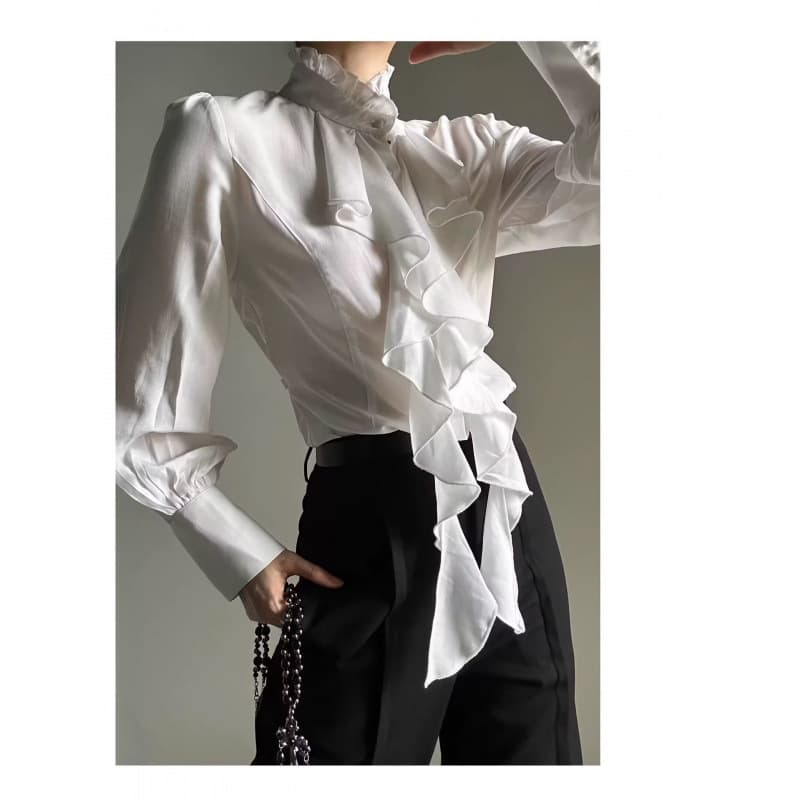 Designed new Chinese button-down shirt, stand-up collar, ruffled waist, slimming, same-style long-sleeved top for men and women
