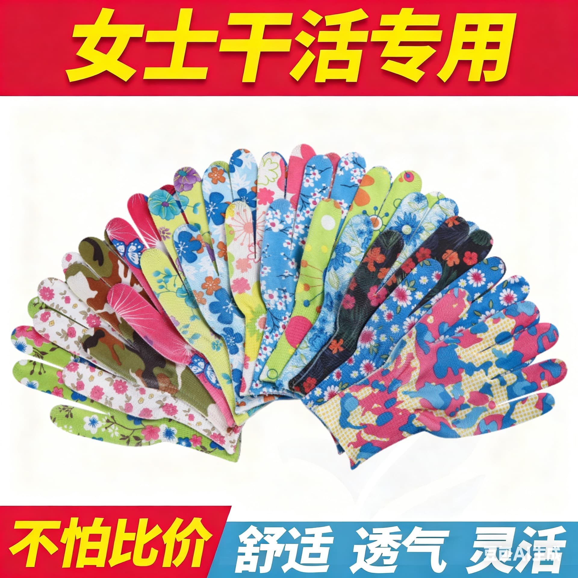Printed nylon labor protection gloves, light, breathable and wear-resistant, gardening picking work protection, multi-color, non-slip five fingers