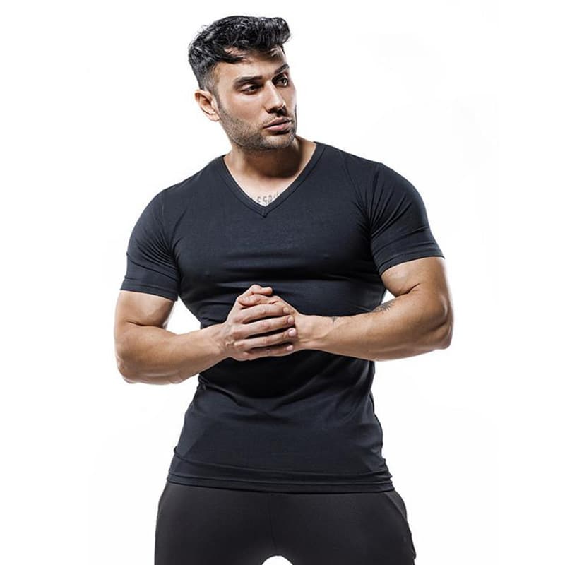 Export Summer Plain Pure Cotton Sports T-Shirt Men V-Neck Casual Breathable Slim Fit Blank Training Short Sleeve