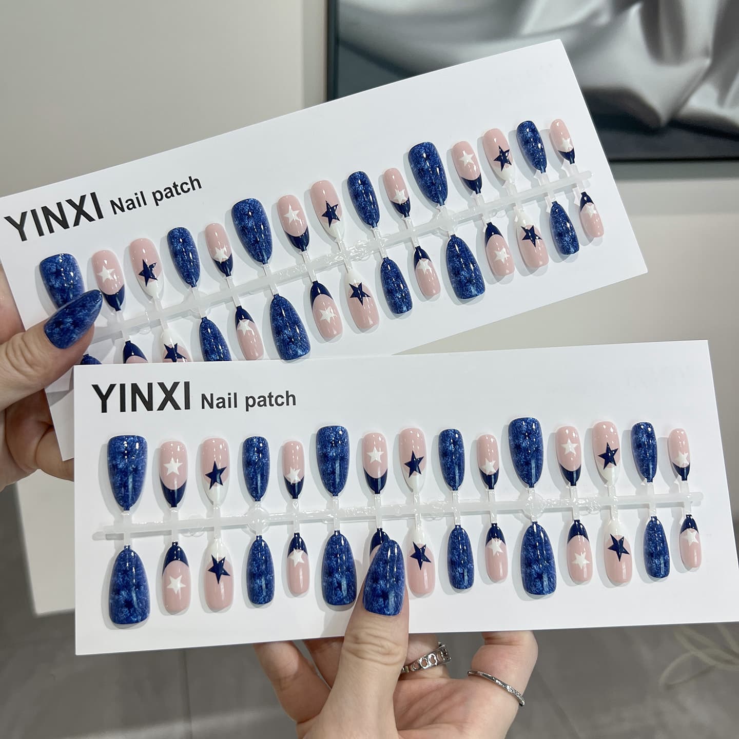 30pcs French Starry Sky Almond Press-On Nails Y2K Millennium Style Nude Pink Deep Blue Stars Cross-Border Hot Selling Fake Nails