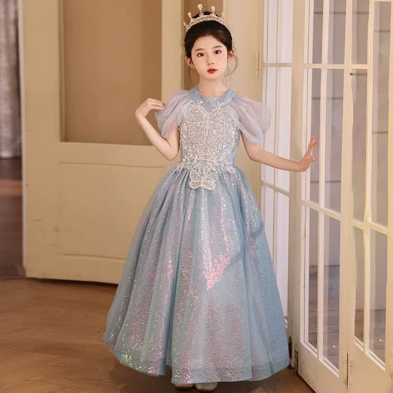 Children's Formal Dress Blue Princess Gown Sparkly Evening Dress Piano Violin Performance Host Birthday Flower Girl